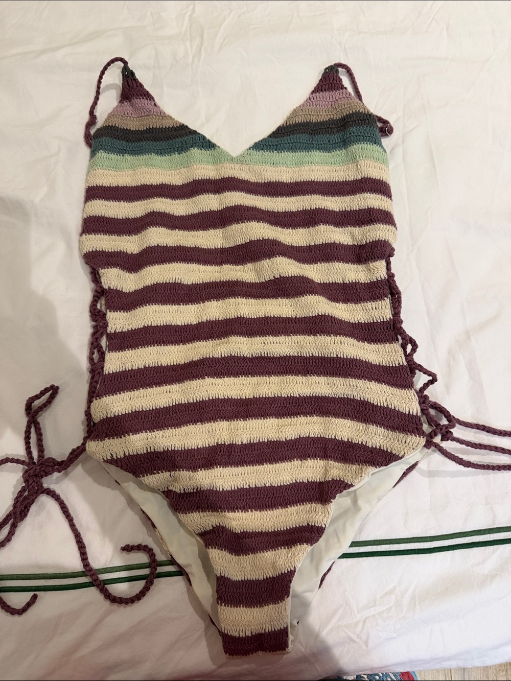 Mara Hoffman Striped Knit One-Piece in Cream and Plum with Seafoam Accents